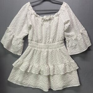 Milkmaid, cottagecore,‎ romantic off shoulder Bell Sleeve ruffle tiered dress.